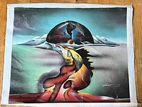 Full view of surrealist painting on canvas with abstract flowing shapes and dome-like form, signed by artist. Canvas appears wrinkled, edges not stretched or framed.
