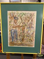 Framed and matted painting showing two men cutting fruit from a tree. Colors, size, and framing details clear.