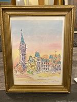Full view of framed watercolour showing Parliament Buildings with sky and landscape, signed by Diane Arnold, 11x14 inch