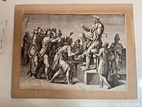 Photo showing the full engraving titled Snake Charmer by Diana Mantuana after Giulio Romano, dated circa 1840, with dimensions about 9 x 12 inches.