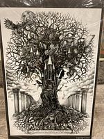 Full image of the surreal black and white art print showing the entire tree with surrounding columns and surreal creatures.