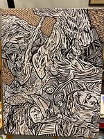 Photo of original marker over acrylic painting on canvas by Paul Pinola featuring abstract black and white shapes over a brown background, measuring 11 x 14 inches.