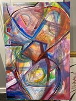 Full view of the abstract painting featuring colorful overlapping geometric shapes and dynamic brushstrokes.