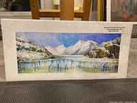 View of the entire watercolor painting showing glacier and mountain scene with framing.