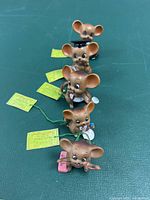 Row of five vintage ceramic mice figurines by Josef Originals, each with original tags