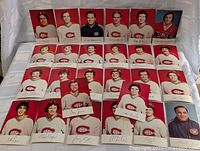 Full set of Montreal Canadiens player postcards from the 1970s arranged in three rows showing player portraits and signatures.