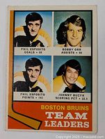 Front side of the 1974-75 OPC Boston Bruins Team Leaders hockey card showing photos and statistics of key players including Phil Esposito, Bobby Orr, Johnny Bucyk, and Ken Hodge.