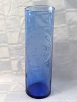 Full view of blue glass vase showcasing shape and etched design under natural light.