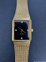 Front view of vintage men's Xavier watch showing black dial with diamond-like markers and gold tone gold mesh band.