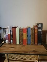 Front spines of all books lined together on a wooden shelf