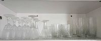 Full set in cupboard: six coupes, three modern stems, four tumblers