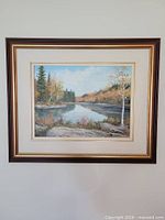Front view of framed oil on board painting with wood and gold trim frame