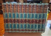 Spines of all twelve Little & Ives Family Health Encyclopedia volumes arranged in order