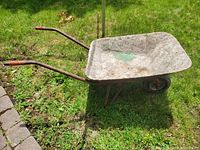 Side view showing entire wheelbarrow, basin, handles, wheel
