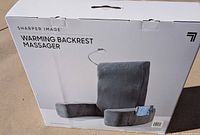 Box showing front of sealed Sharper Image warming backrest massager with product image on white background.