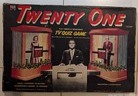 Front of the original game box showing the Twenty One TV Quiz Game with NBC logo, images of host Jack Barry, and contestants.