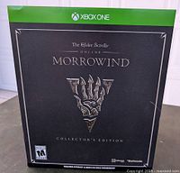 Front view of the sealed Xbox One Elder Scrolls Online Morrowind Collector's Edition box with clear branding and mature rating visible.