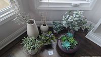 View of all nine ceramic pots with assorted artificial plants grouped by window corner on wood floor showing sizes and plant variety