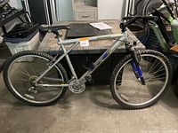Full side view of silver GT Ricochet mountain bike showing frame, tires, seat, handlebars, and pedals.
