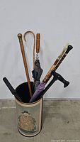 Full view of umbrella stand containing two umbrellas, three canes, and two walking sticks.