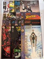 Photo showing a layout of various comic books including Grendel, Authority, Green Lantern, Chaos, Racer titles.