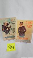 Two vintage WWI Navy recruitment postcards side by side, showing the front artwork and text.