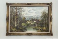 Full front view of the framed oil painting showing overall scene and frame