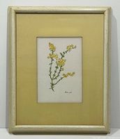 Framed watercolour painting showing entire artwork and frame, vegetation in yellow with green stems on light background.