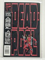 Front cover of Marvel Deadpool The Circle Chase #1 comic book. Shows character Deadpool on black background with bold red lettering. Comic is bagged and boarded for protection.