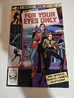 Front cover of For Your Eyes Only comic book showing James Bond and female characters in action, Marvel logo present.
