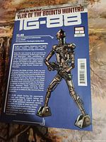 Front and back cover of Star Wars #1 comic book showing detailed character portrait of IG-88 and biographical text on the back cover.