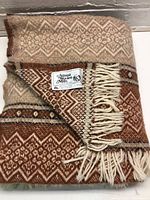 Folded wool blanket with visible fringes and patterned design.
