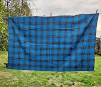 Photo showing entire blue Scottish tartan textile hanging on a clothesline outdoors to display full pattern and size.