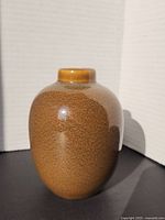Full side view of the oval, brown speckled tea dust glazed pot showing overall shape and finish.