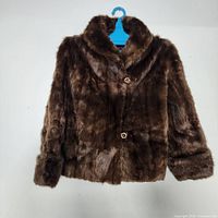Front view of a short brown Hudson Bay beaver fur coat hung on a blue hanger against a white wall.