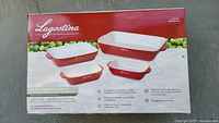 Box of Lagostina 4 Piece Stoneware Baking Set showing product image and specifications