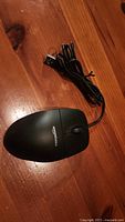 Top view of black Amazon Basics wired USB laser mouse with attached USB cable coiled beside it, showing general condition.