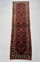 Full view of Persian Hamadan runner rug laid flat on light background