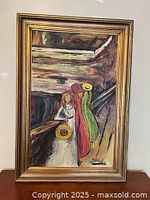 Full front view of framed abstract art painting depicting three women in colorful dresses and hats indoors.