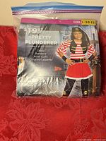 Sealed Ziploc bag showing Girls L (10-12) Pretty Plunderer pirate costume packaging