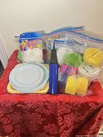 Overall view of lot showing plates, balloons, napkins, pump and sponges