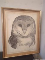 Framed black and white print of barn owl by Albert J. Casson, signed at bottom right, displayed on a neutral wall.