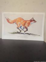 Full image of the lithograph print showing the running red fox illustration and handwritten title/signature.