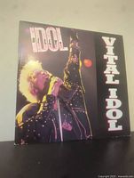 Front cover of Billy Idol Vital Idol vinyl record album showing artist performing on stage.