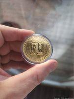 Photo showing coin with King Tutankhamun cartouche and hieroglyphs, held in hand inside a clear protective capsule.