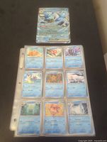 Front view showing large Blastoise EX card and a page sleeve of 9 water type Pokémon cards including Psyduck, Golduck, Croconaw