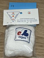 Photo of a single sealed Expo wristband by Klaxon Enterprises with packaging visible
