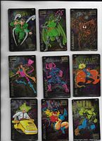 Image of 9 Marvel Super Heroes Pro Magnets showing characters Carnage, Dr. Doom, Dr. Octopus, Dr. Strange, Galactus, Gambit, Hulk, Jubilee, Professor X with colorful comic illustrations on holographic backgrounds.