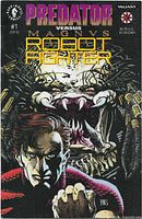 Cover photo of Predator Versus Magnus Robot Fighter #1 comic book depicting the title in bold yellow and purple lettering, with artwork of the Predator creature and a man on the cover.