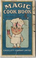 Front cover of Magic Cook Book featuring cartoon chef holding Magic Baking Powder can on blue background.